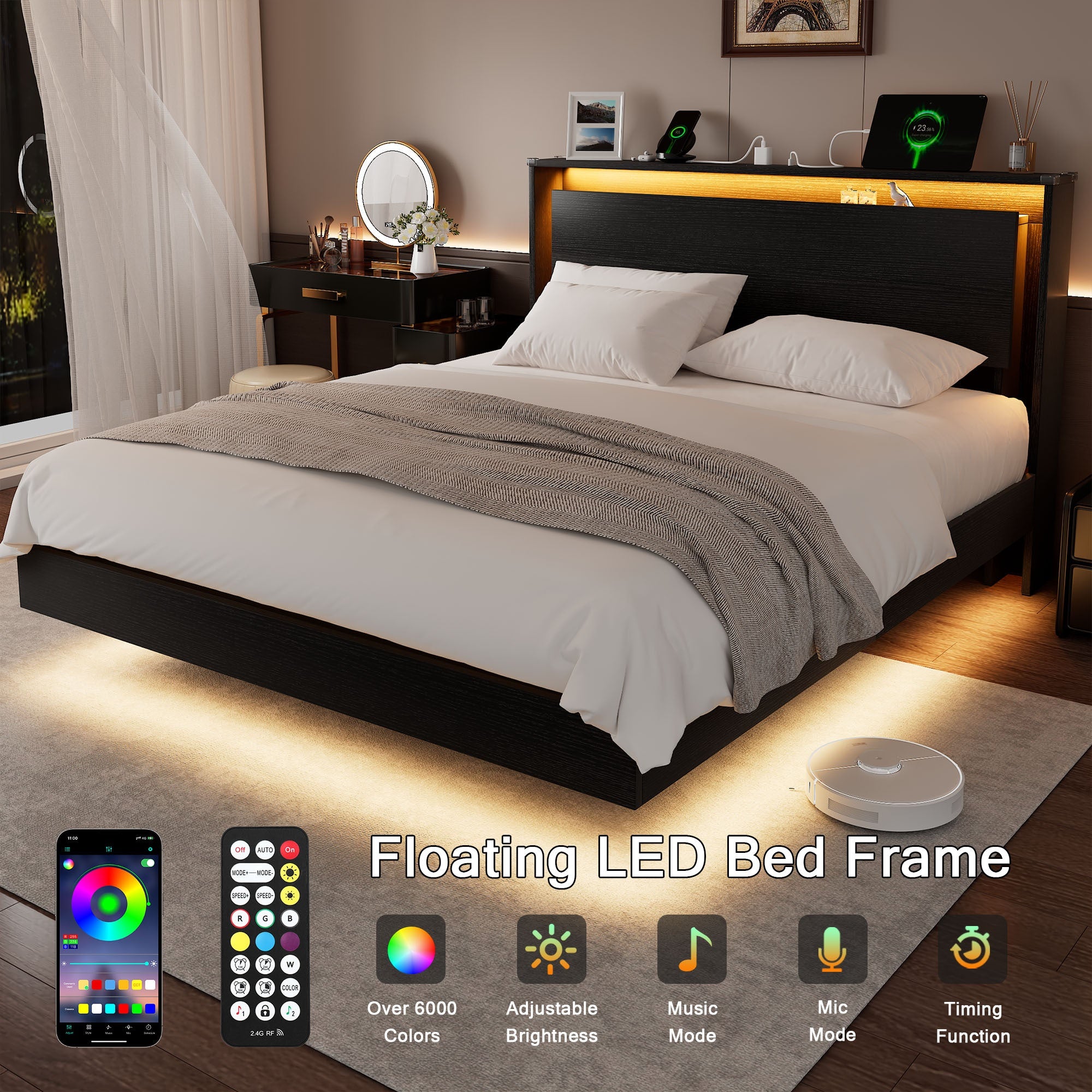 Floating Bed Frame with LED Lights & Charging Station, Heavy Duty Metal Support Frame, Easy Assembly