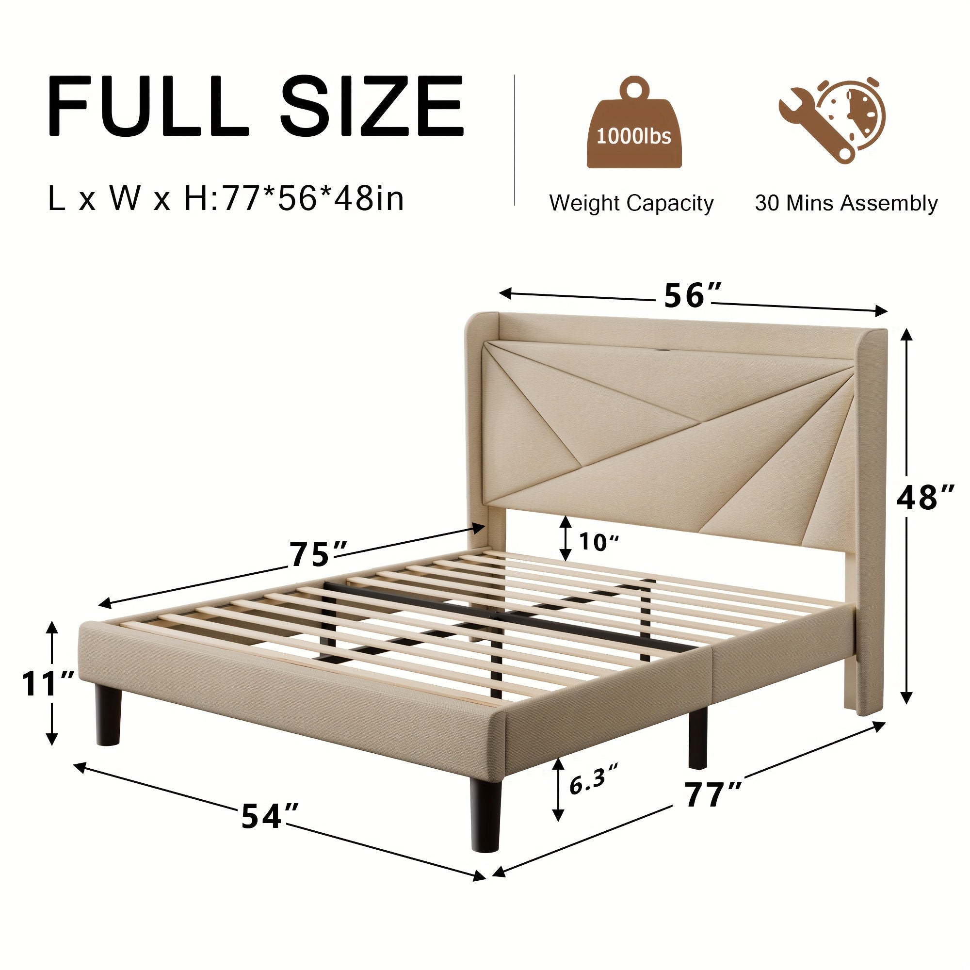 Bed Frame with 8-Inch High Under-Bed Storage Space, Easy-To-Assemble Modern-Style Platform Bed, Geometric Linen\u002FVelvet Storage Headboard Design, Built-In Charging Station, Bed Frame Without Mattress