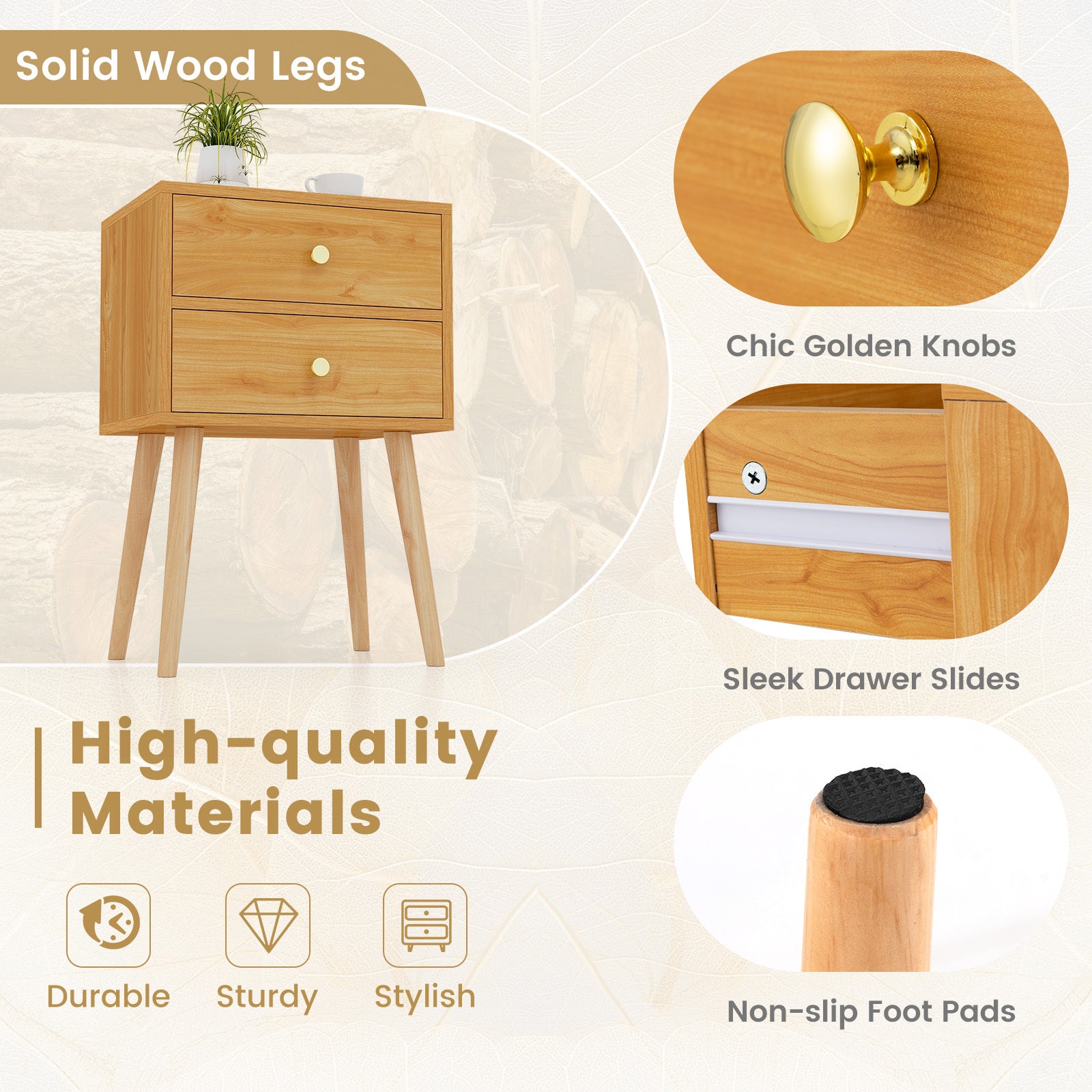 COSTWAY 2-Drawer Nightstand with Anti-Tipping System & Solid Wood Legs, Mid-Century Modern Bedside Table, 140 Weight Capacity Bedside Cabinet, Space-Saving End Table for Small Spaces, \u002FPet, Easy Assembly ( Wood)