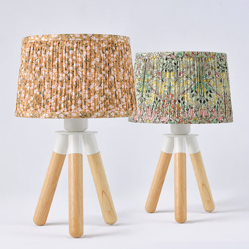 14 Inch Wooden Tripod Table Lamp with Yellow Ditsy Floral Shade - Cute Boho Nightstand Lamp for Bedroom, Dorm, Shelf, Console Table & Desk Decor | Aesthetic Cottagecore Accent Light, E26 Socket, ON\u002FOFF Switch, Small Dresser Lamp