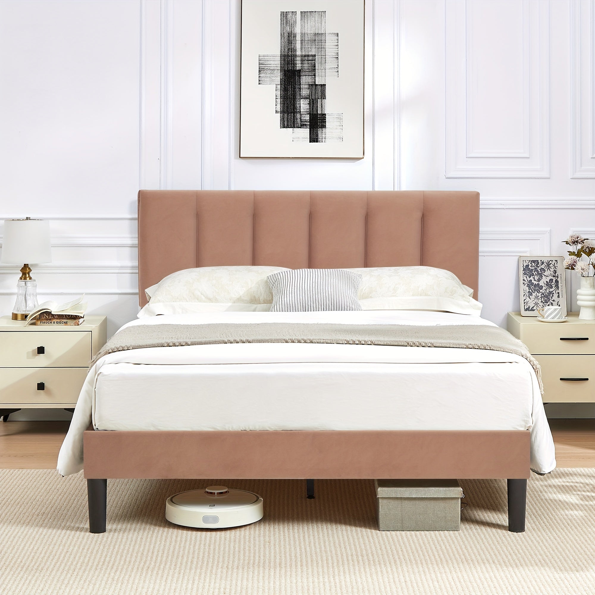 Upholstered Bed Frame Twin\u002FFull\u002FQueen Size Platform Bed with Adjustable Headboard Wood Slats Support