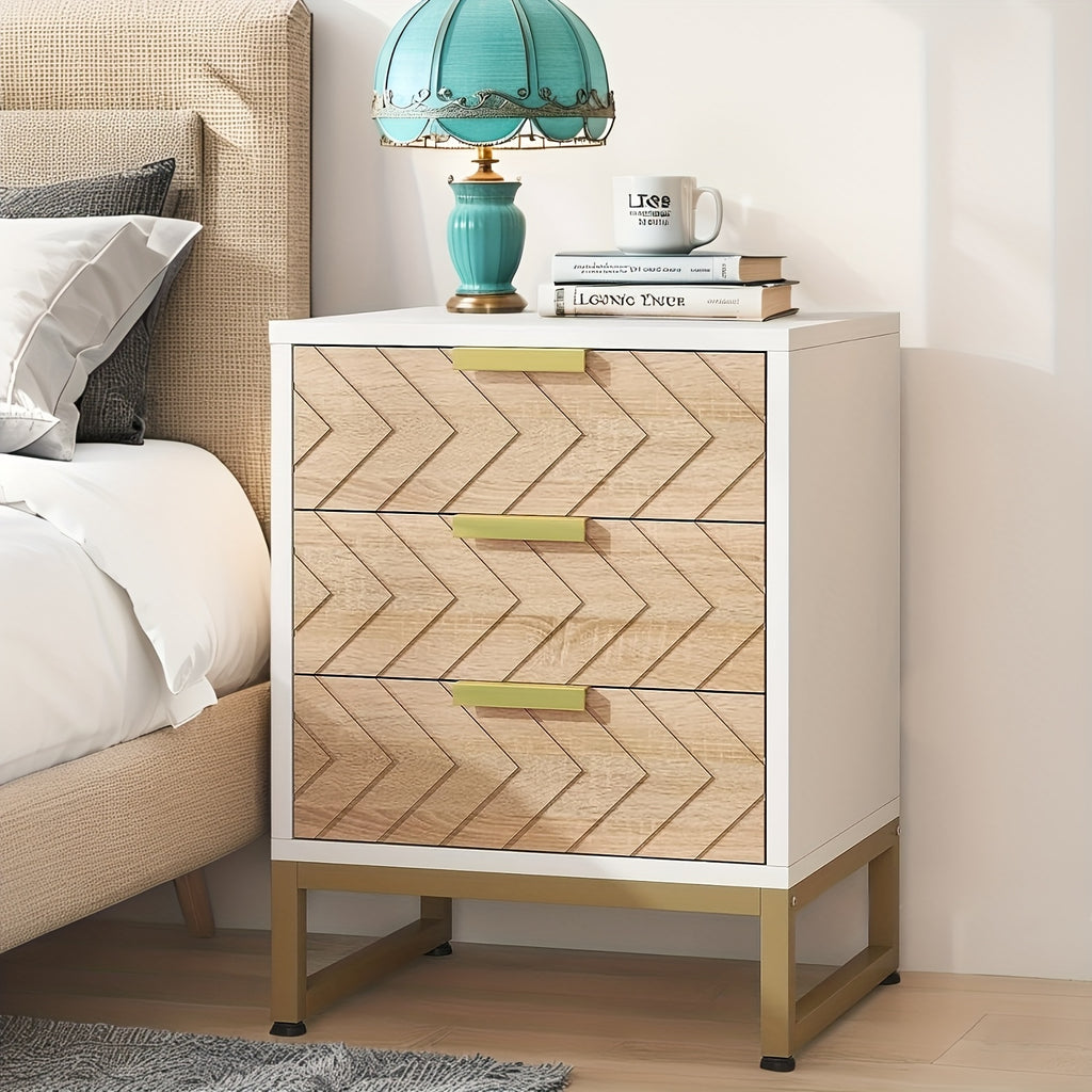 2 Pieces. Modern Simple Bedside Table With 3 Drawers. Metal Bracket. Wooden Scratch-resistant And Stain-resistant Board. Easy To Install. Living Room Storage Cabinet, Coffee Table, Coffee Table, Side Table, Sofa Table. White\u002Fgold.