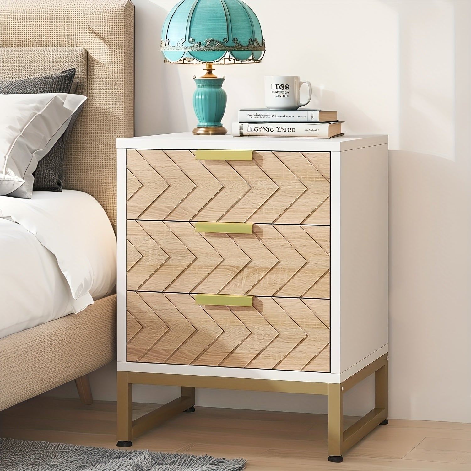 2 Pieces. Modern Simple Bedside Table With 3 Drawers. Metal Bracket. Wooden Scratch-resistant And Stain-resistant Board. Easy To Install. Living Room Storage Cabinet, Coffee Table, Coffee Table, Side Table, Sofa Table. White\u002Fgold.
