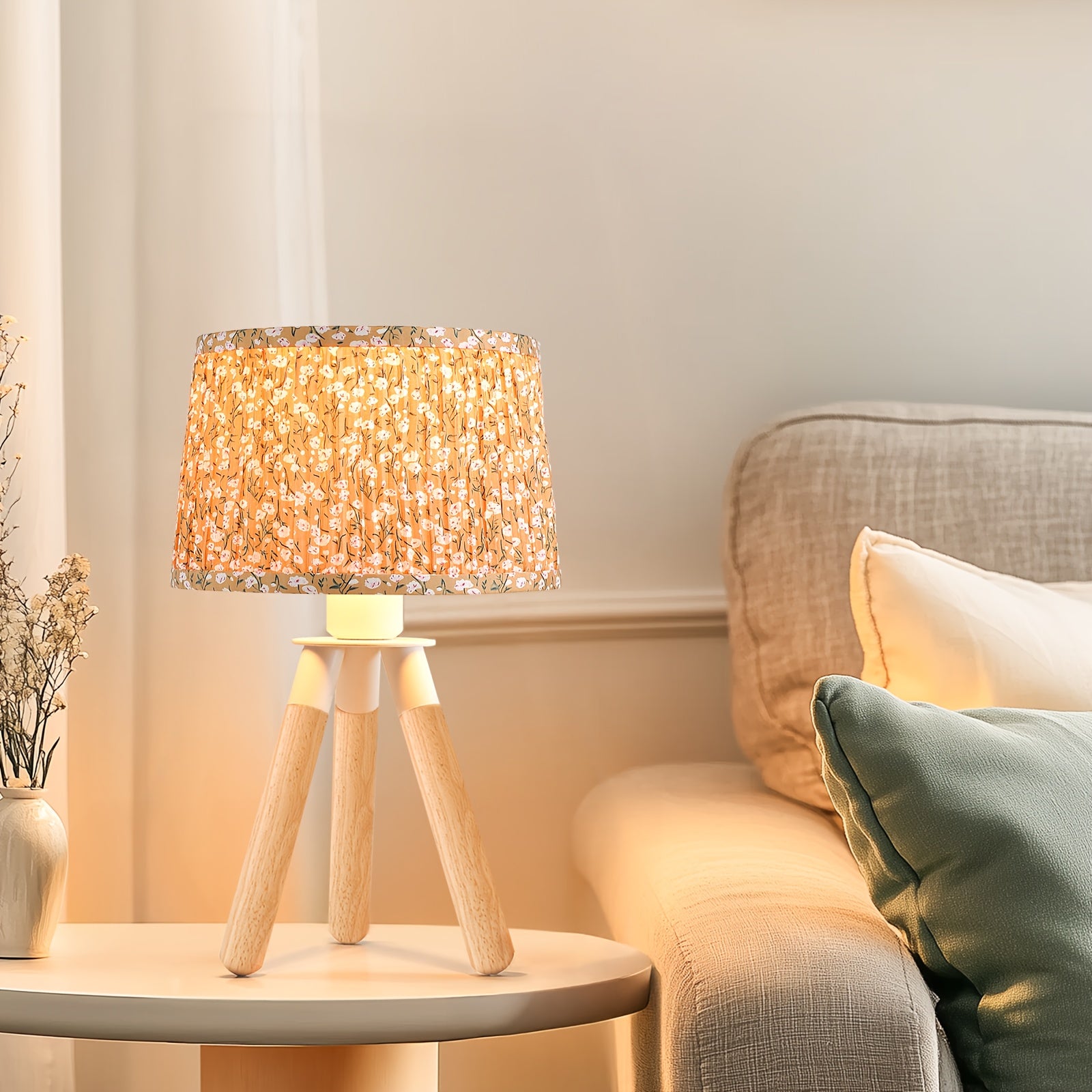 14 Inch Wooden Tripod Table Lamp with Yellow Ditsy Floral Shade - Cute Boho Nightstand Lamp for Bedroom, Dorm, Shelf, Console Table & Desk Decor | Aesthetic Cottagecore Accent Light, E26 Socket, ON\u002FOFF Switch, Small Dresser Lamp