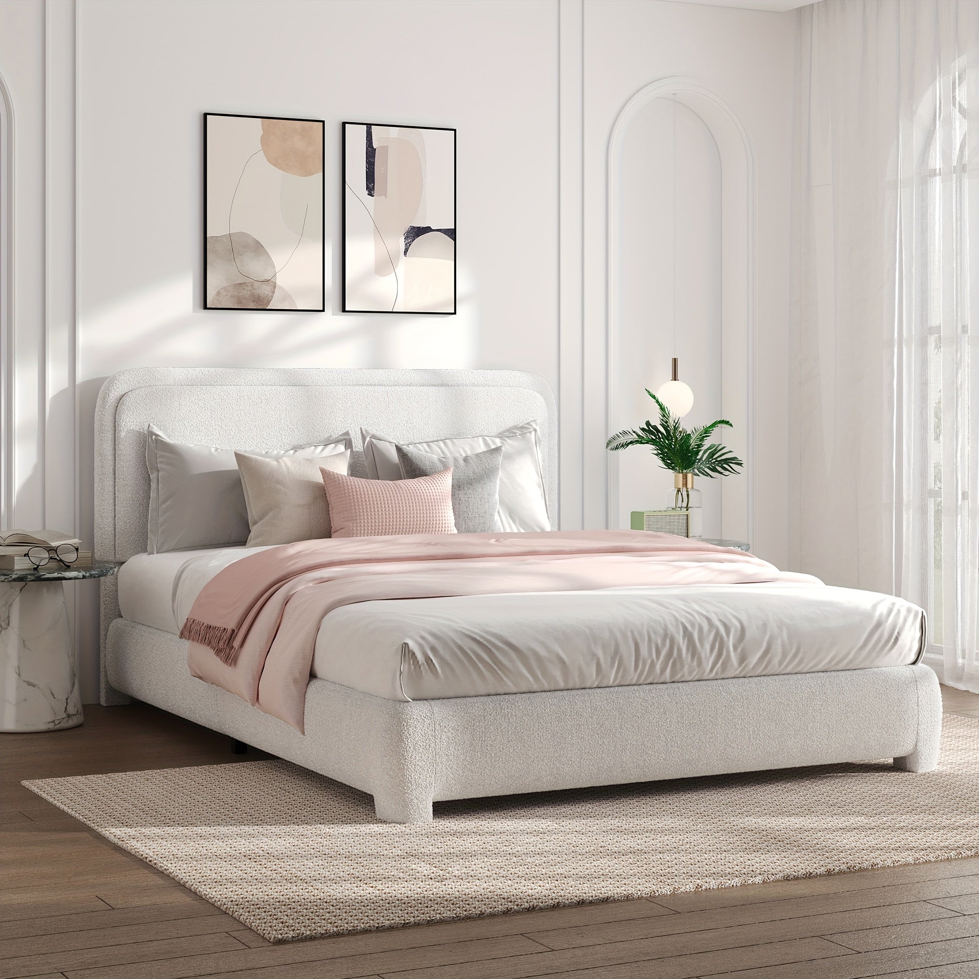 Queen Size Bed Frame And Headboard, Platform Bed Frame, Modern Style, Soft Rounded Corners, No Box Spring Required, Easy Assembly, Queen Bed Frame, Cream White Grey
