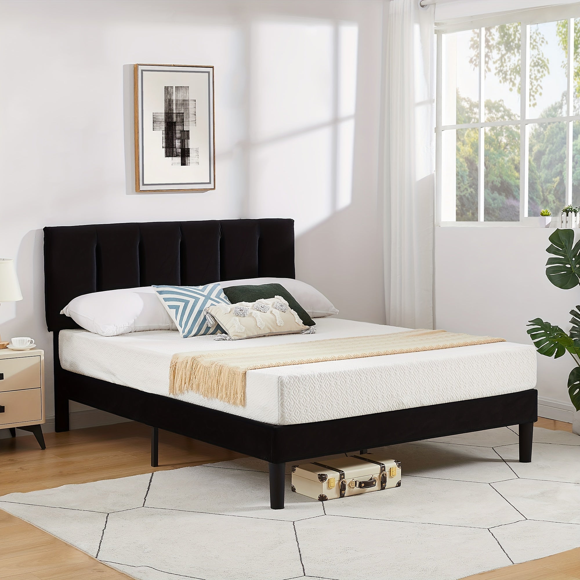 Upholstered Bed Frame Twin\u002FFull\u002FQueen Size Platform Bed with Adjustable Headboard Wood Slats Support