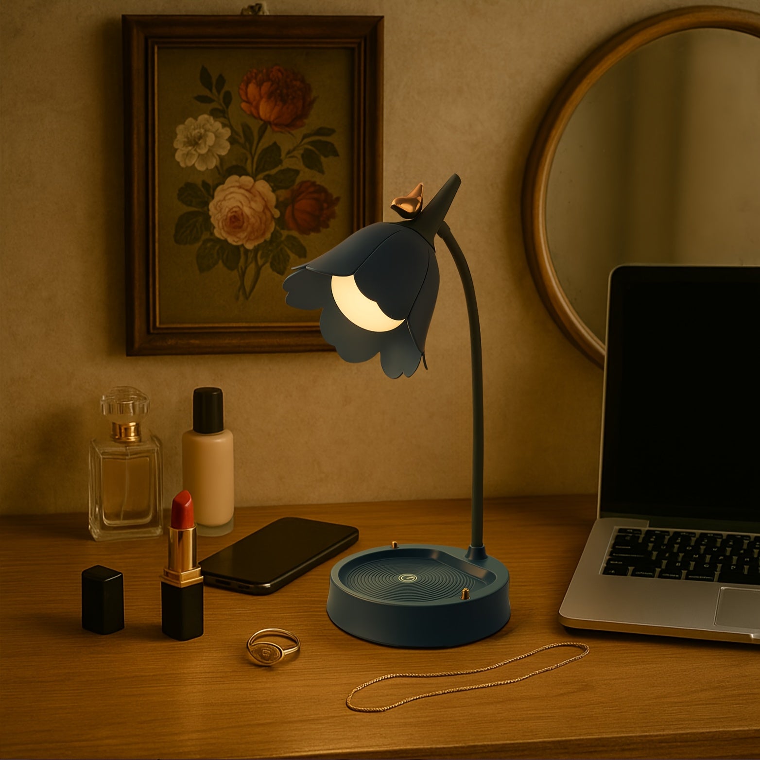 Stylish Floral Bird LED Desk Lamp | USB Rechargeable + 3-Color Stepless Dimming | Smart Touch Sensor Bedroom Decor Night Light for Reading & Study