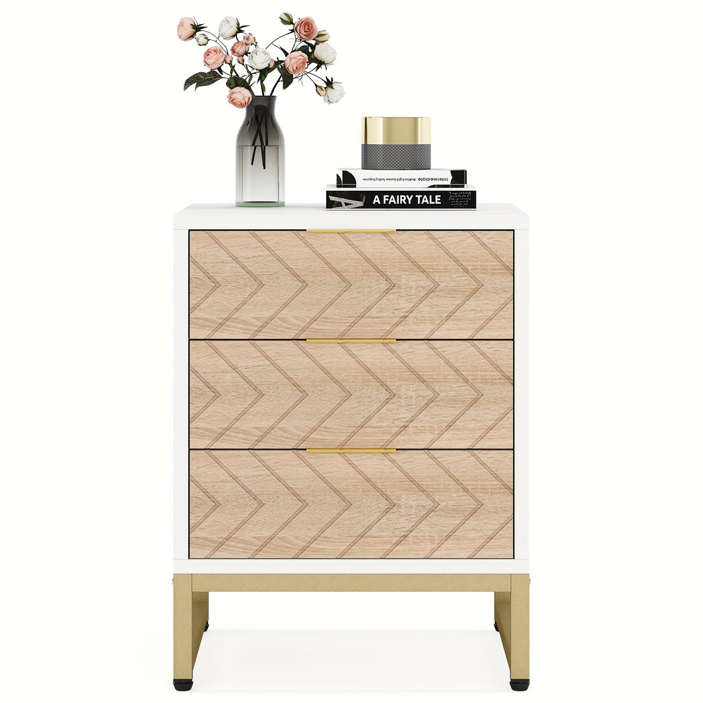 2 Pieces. Modern Simple Bedside Table With 3 Drawers. Metal Bracket. Wooden Scratch-resistant And Stain-resistant Board. Easy To Install. Living Room Storage Cabinet, Coffee Table, Coffee Table, Side Table, Sofa Table. White\u002Fgold.