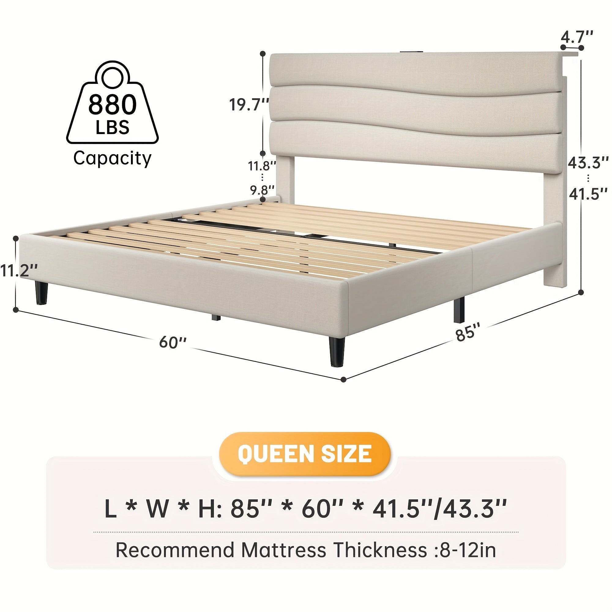 ENHOMEE Queen Bed Frame with Storage | USB Charging Ports, Adjustable Headboard, Sturdy Metal Platform, Noise-Reduction Design, 880LBS Capacity, Contemporary Style, Light Beige\u002FGray