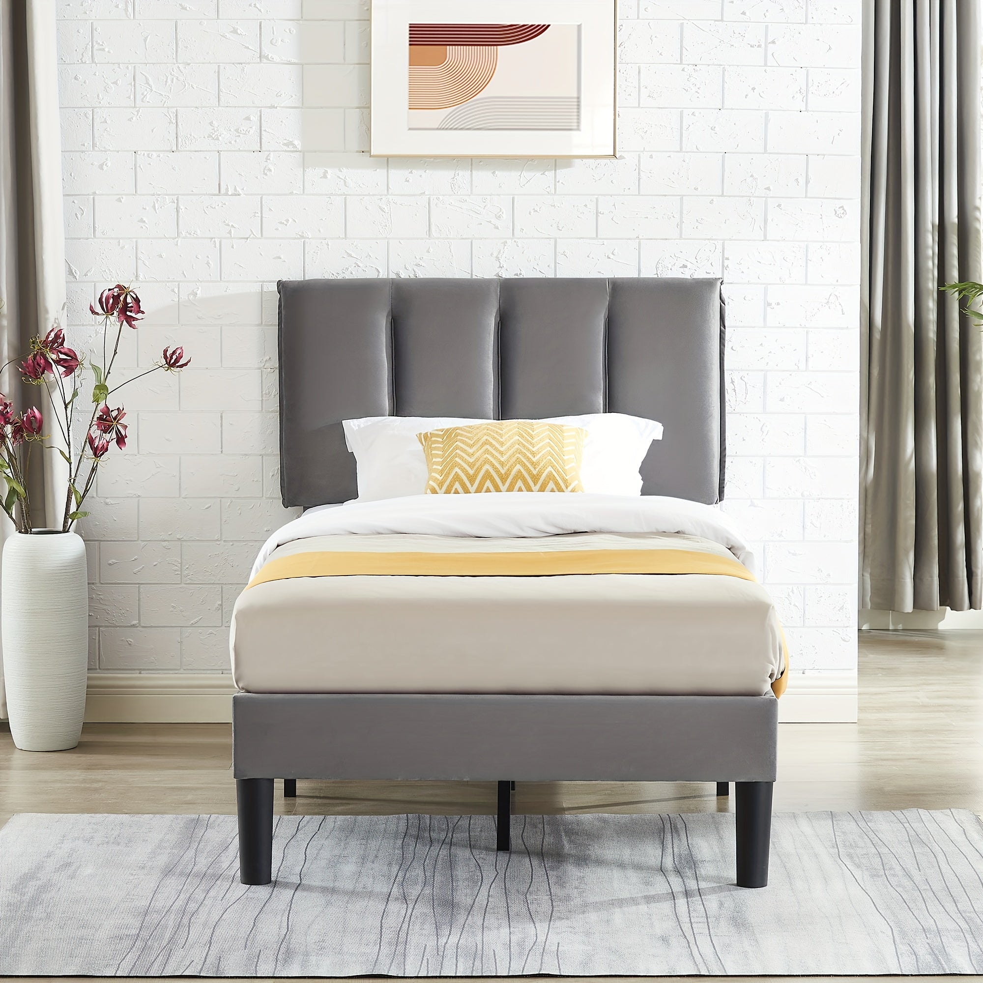 Upholstered Bed Frame Twin\u002FFull\u002FQueen Size Platform Bed with Adjustable Headboard Wood Slats Support