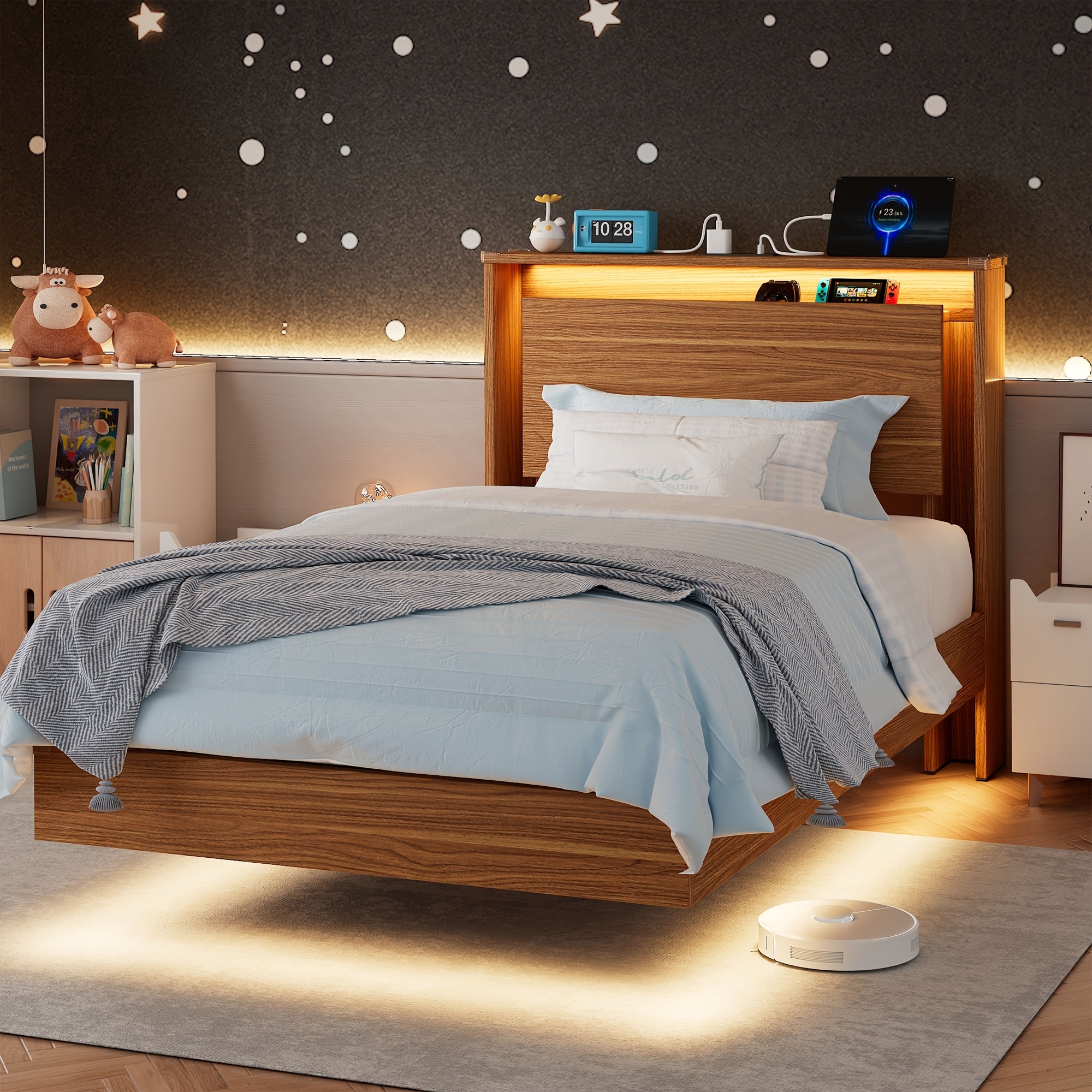 Floating Bed Frame with LED Lights & Charging Station, Heavy Duty Metal Support Frame, Easy Assembly