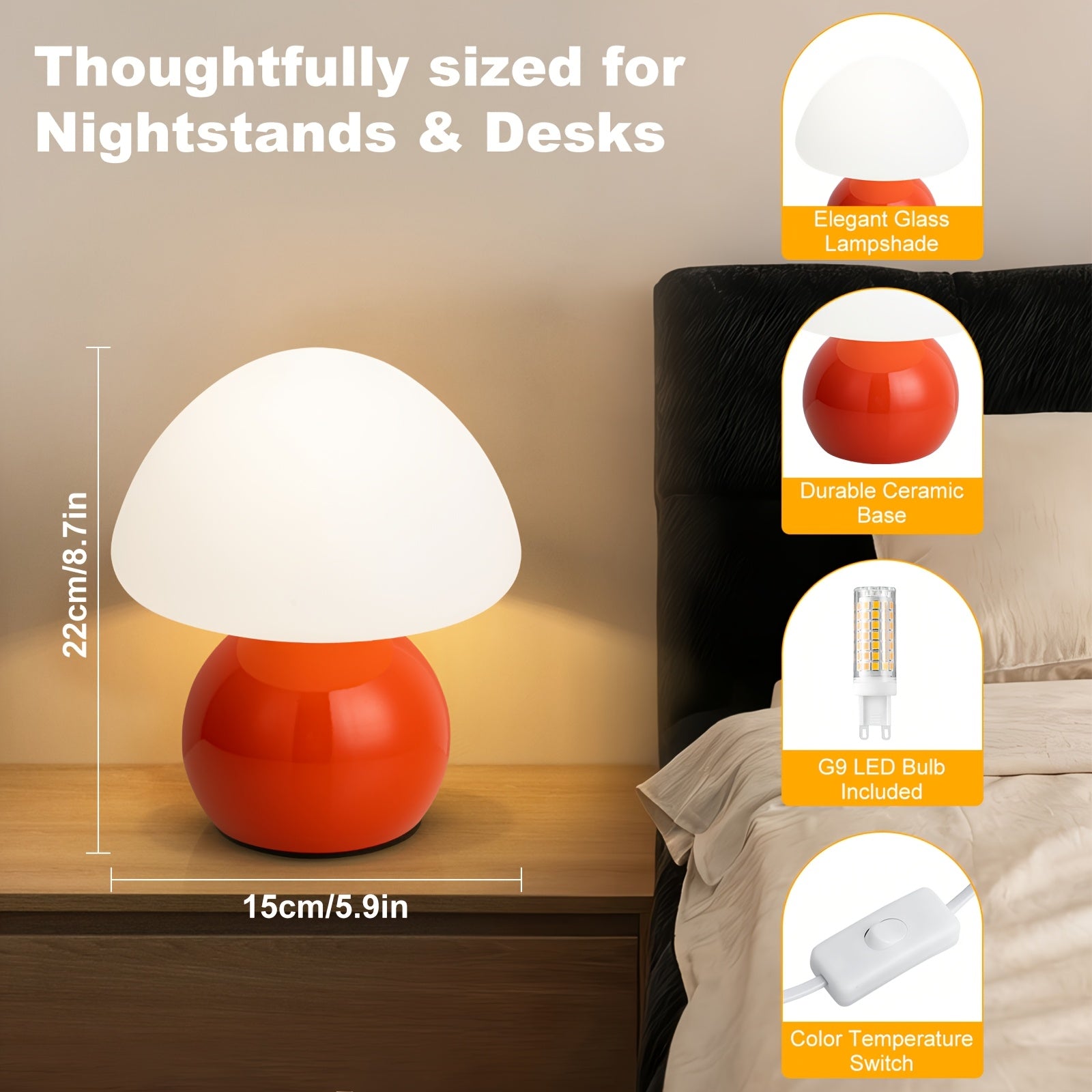 Compact Mushroom Lamp for Bedside, Adjustable Nightstand Light, White Glass Desk Lamp Suitable for Bedroom, Dormitory, Living Room, Kitchen, Office, And Home Decoration
