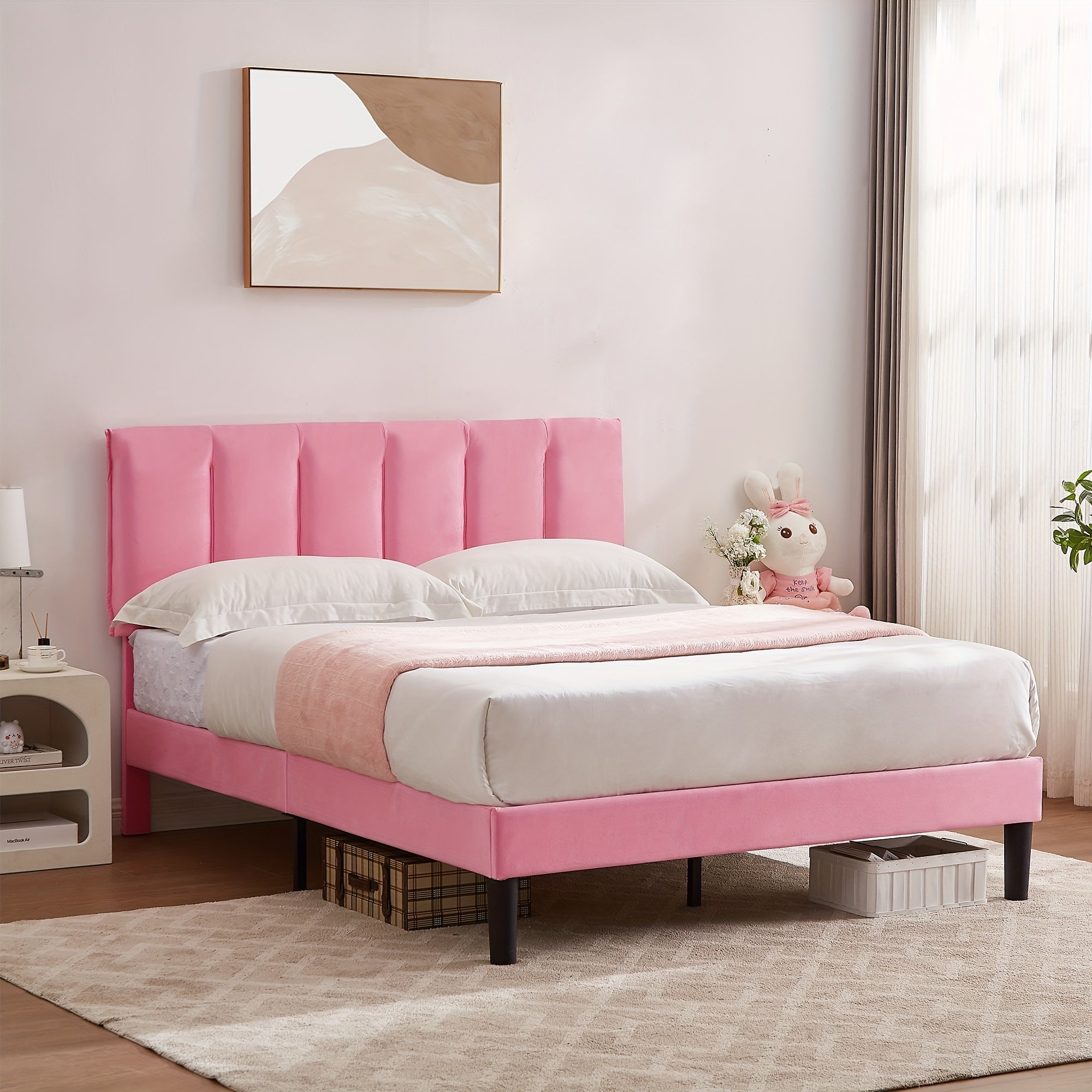 Upholstered Bed Frame Twin\u002FFull\u002FQueen Size Platform Bed with Adjustable Headboard Wood Slats Support