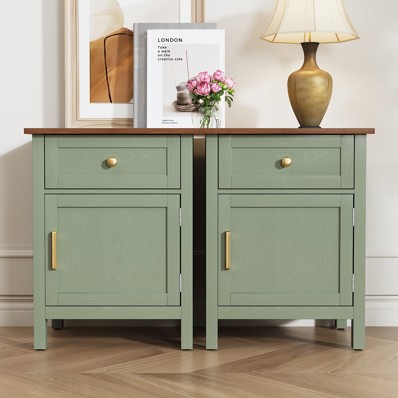 Nightstands Set Of 2, Retro Night Stand Bedside Table with Drawer And Storage, Wood End Side Table for Bedroom