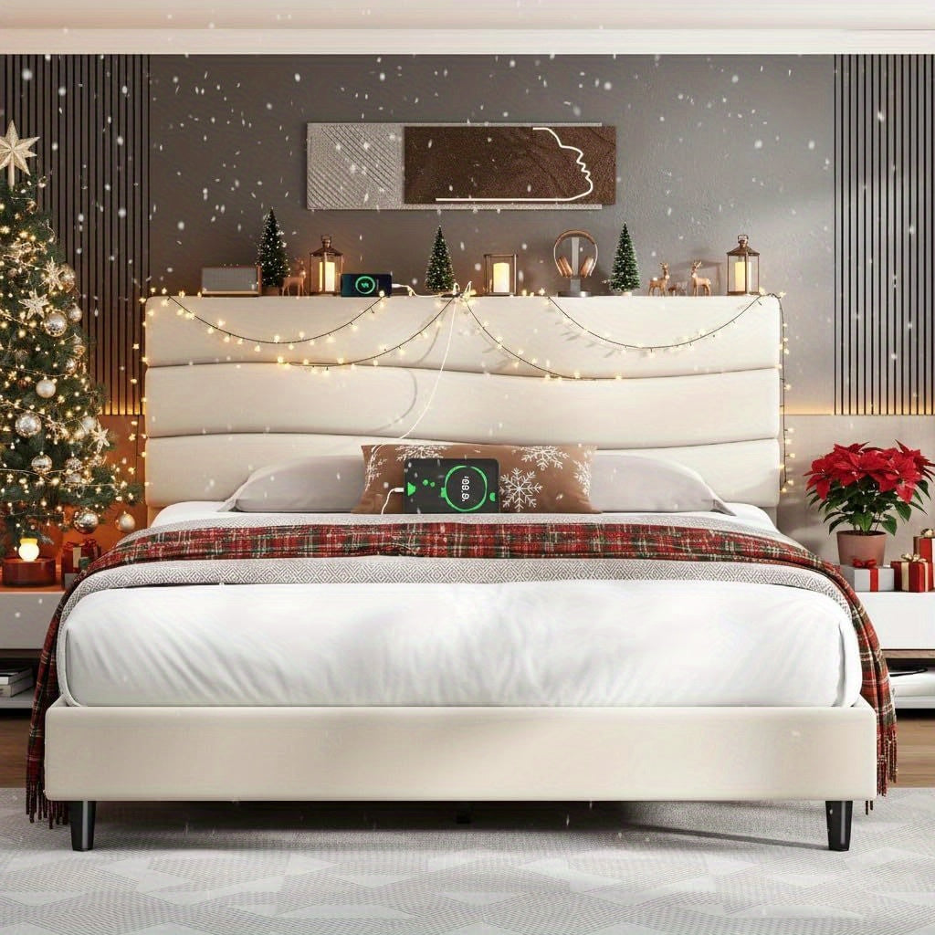 ENHOMEE Queen Bed Frame with Storage | USB Charging Ports, Adjustable Headboard, Sturdy Metal Platform, Noise-Reduction Design, 880LBS Capacity, Contemporary Style, Light Beige\u002FGray