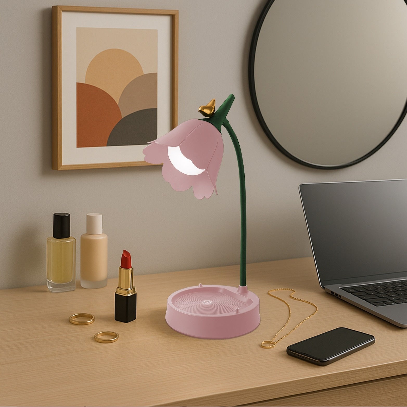 Stylish Floral Bird LED Desk Lamp | USB Rechargeable + 3-Color Stepless Dimming | Smart Touch Sensor Bedroom Decor Night Light for Reading & Study