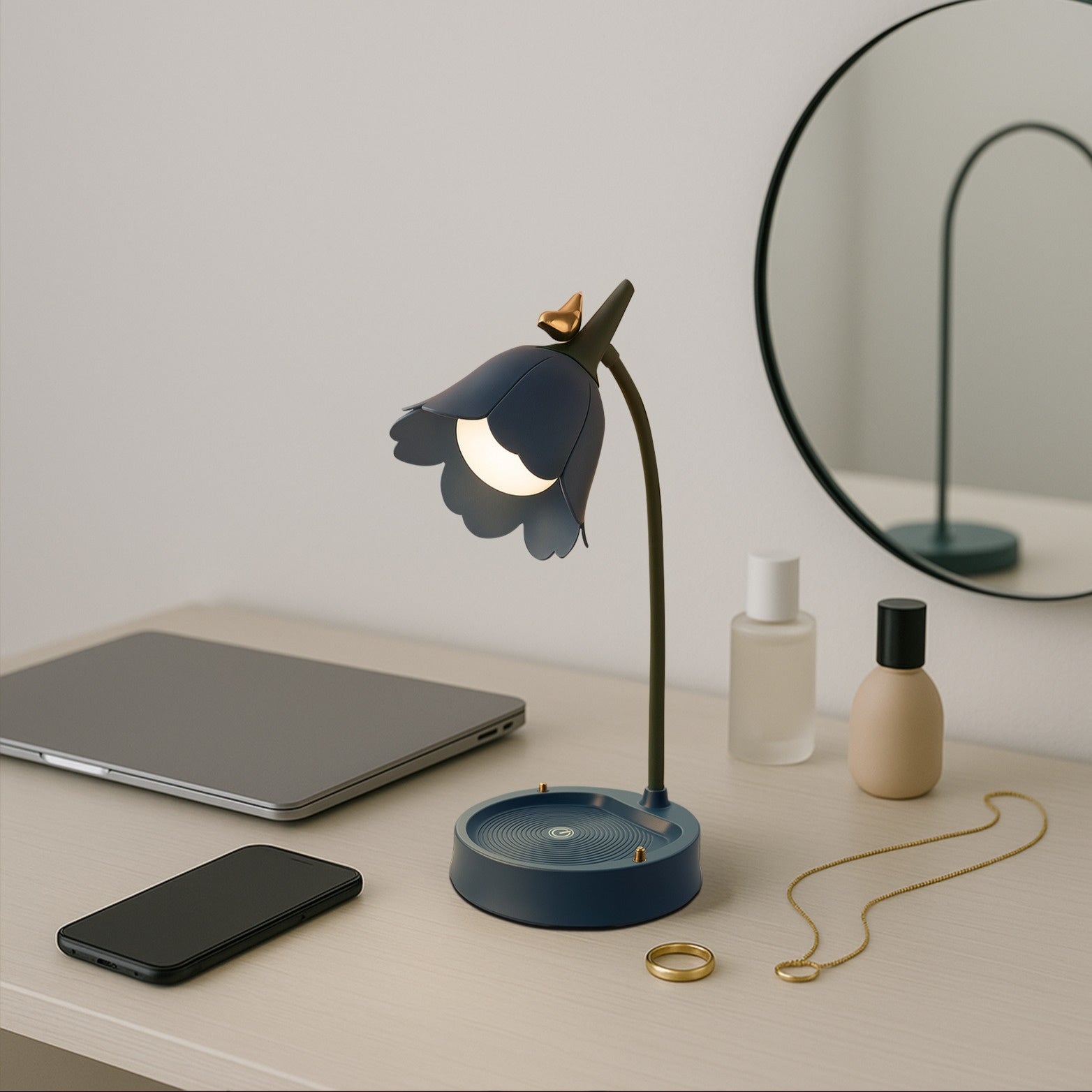 Stylish Floral Bird LED Desk Lamp | USB Rechargeable + 3-Color Stepless Dimming | Smart Touch Sensor Bedroom Decor Night Light for Reading & Study