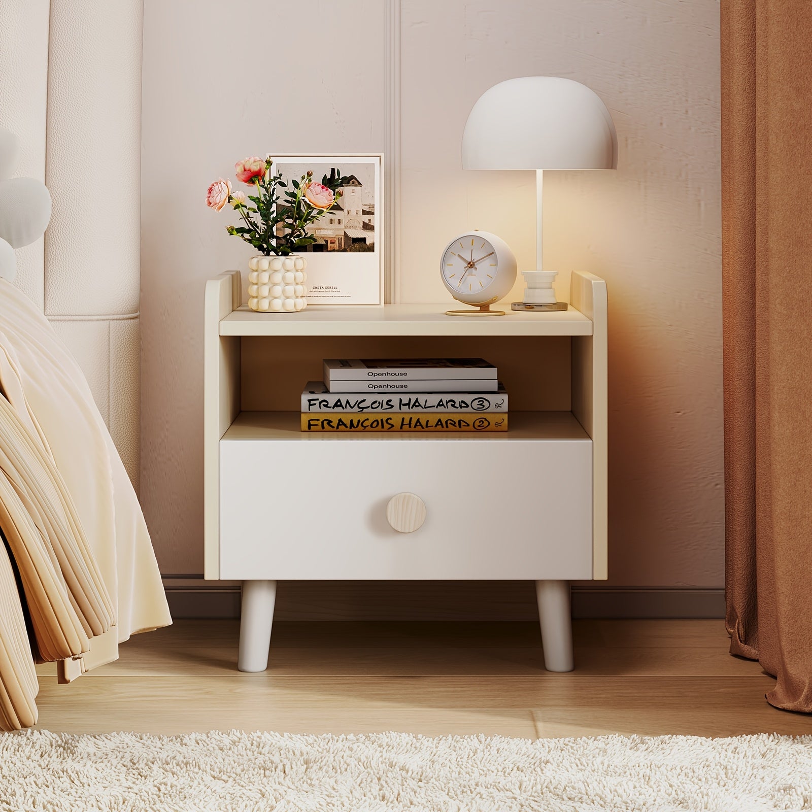Nightstand With Drawers, Wooden Side Table With Open Shelves, Sturdy Legs, Rounded Edges, Bedside Table For Bedroom Furniture Dorm Small Space