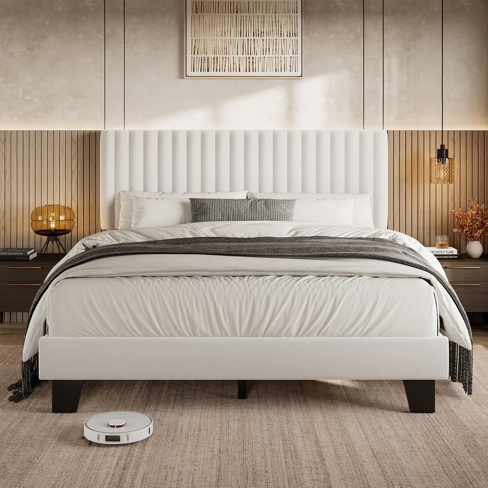 Elegant Modern Bed Frame with Vertical Striped Headboard Design, Platform Bed with Vertical Linen Or Velvet Headboard, Wide Bed Legs And Strong Wood Slats Support, Easy Assembly, Bed Frame Without Mattress