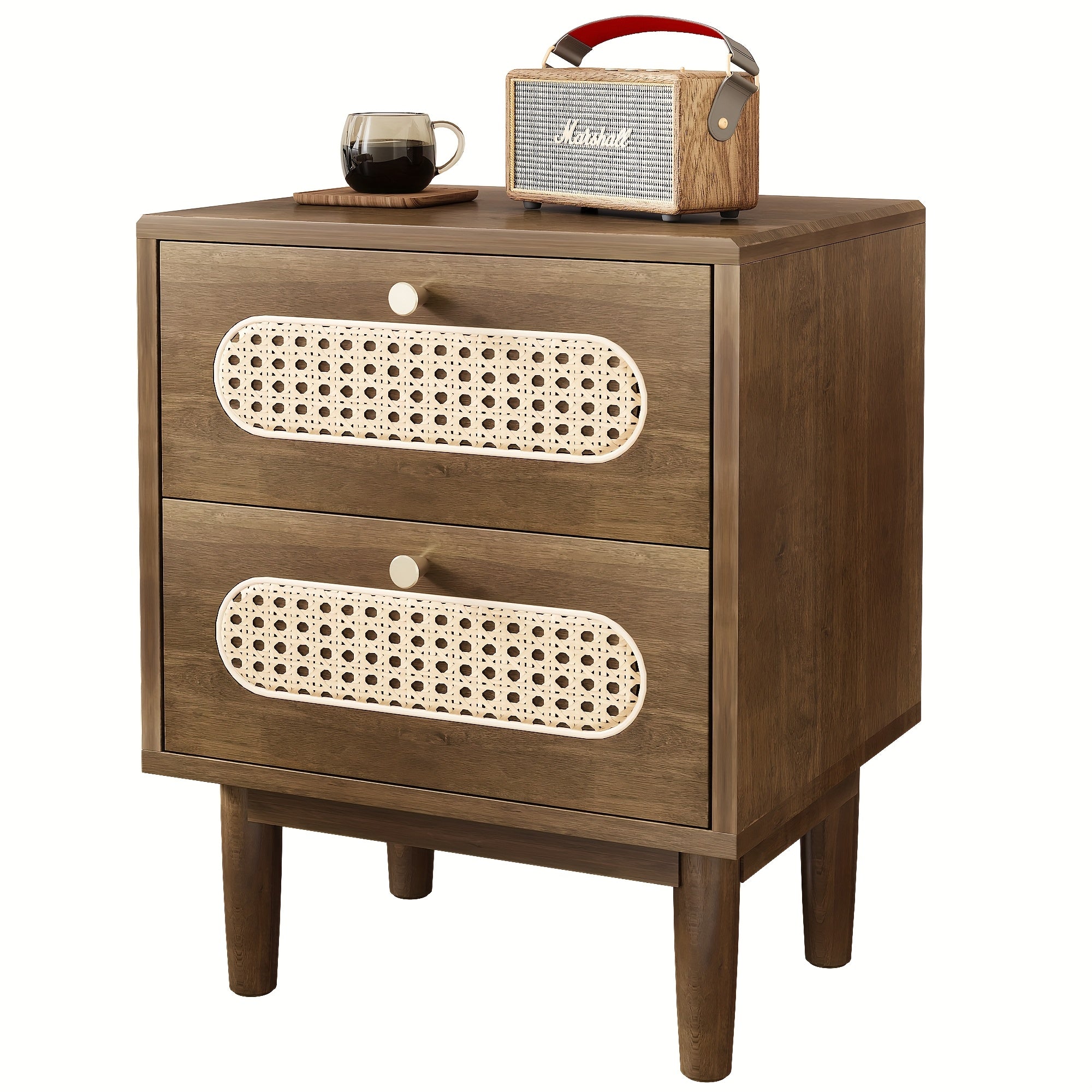 Rattan Nightstand, Solid Oak Wood Nightstand, Boho End Table with 2 Drawer, Bedside Tables Night Stands for Bedrooms, Side Tables for Home