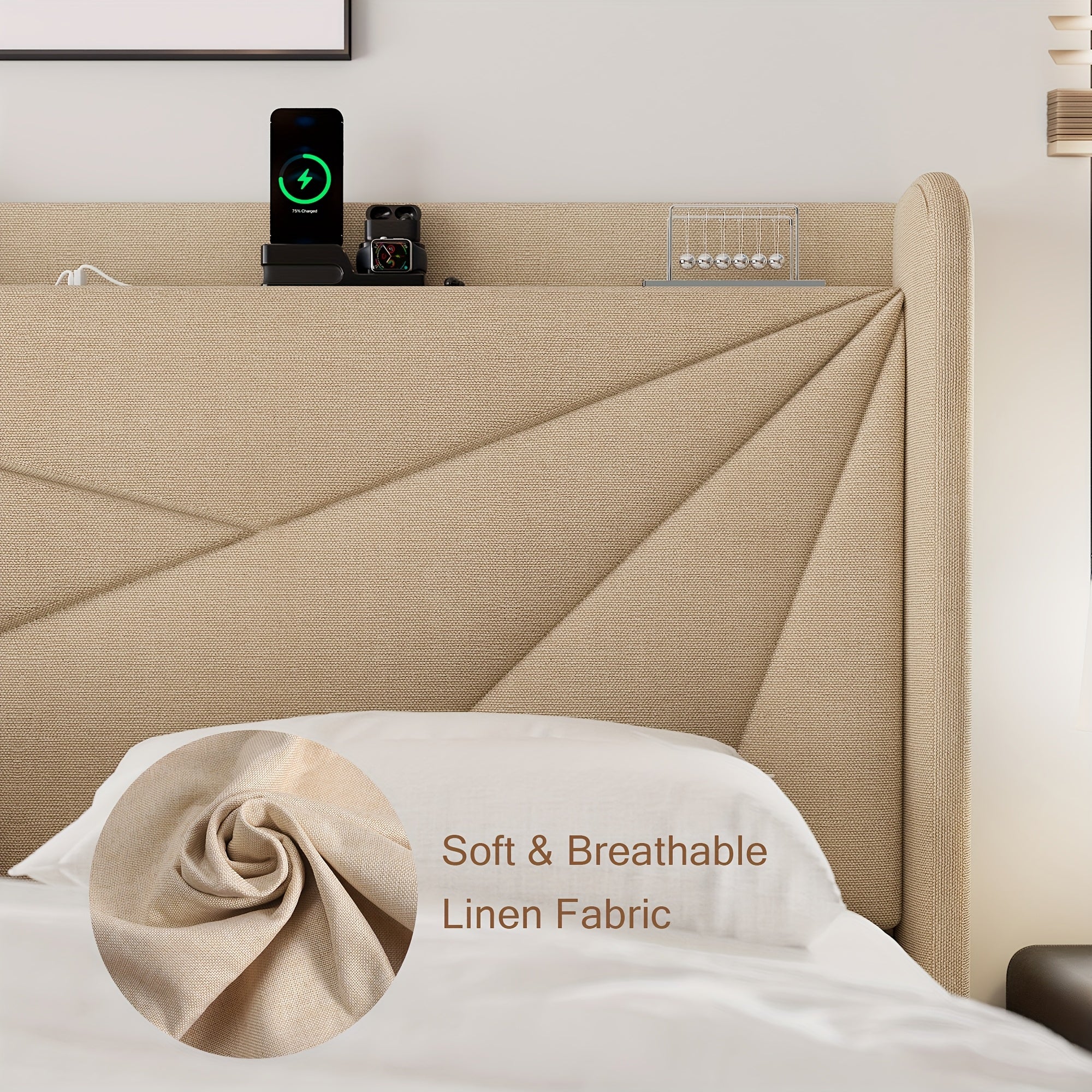 Bed Frame with 8-Inch High Under-Bed Storage Space, Easy-To-Assemble Modern-Style Platform Bed, Geometric Linen\u002FVelvet Storage Headboard Design, Built-In Charging Station, Bed Frame Without Mattress