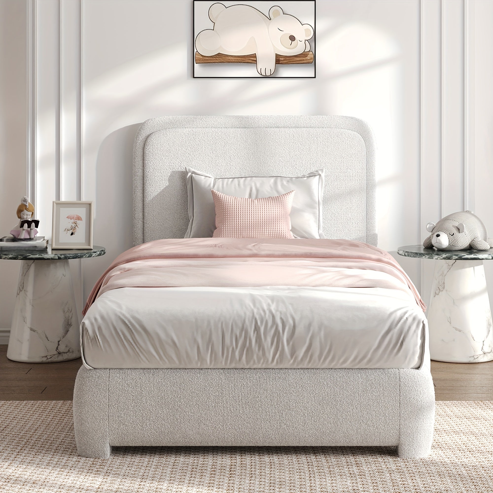 Queen Size Bed Frame And Headboard, Platform Bed Frame, Modern Style, Soft Rounded Corners, No Box Spring Required, Easy Assembly, Queen Bed Frame, Cream White Grey