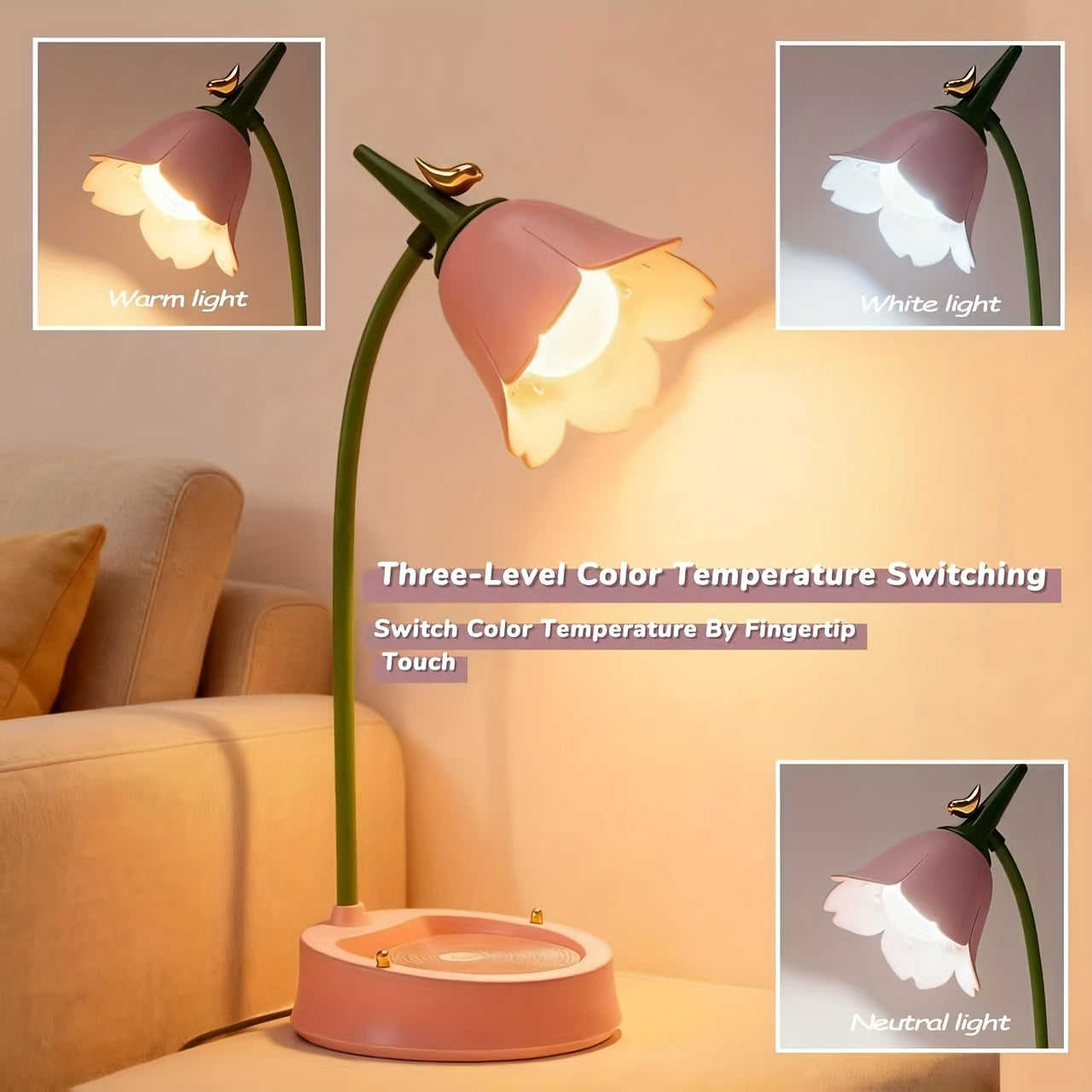 Flower Table Lamp, Dimmable LED 3-color Temperature, Cordless Rechargeable Table Lamp With Touch Sensor And Flexible Arm, USB Bedside Lamp For Reading