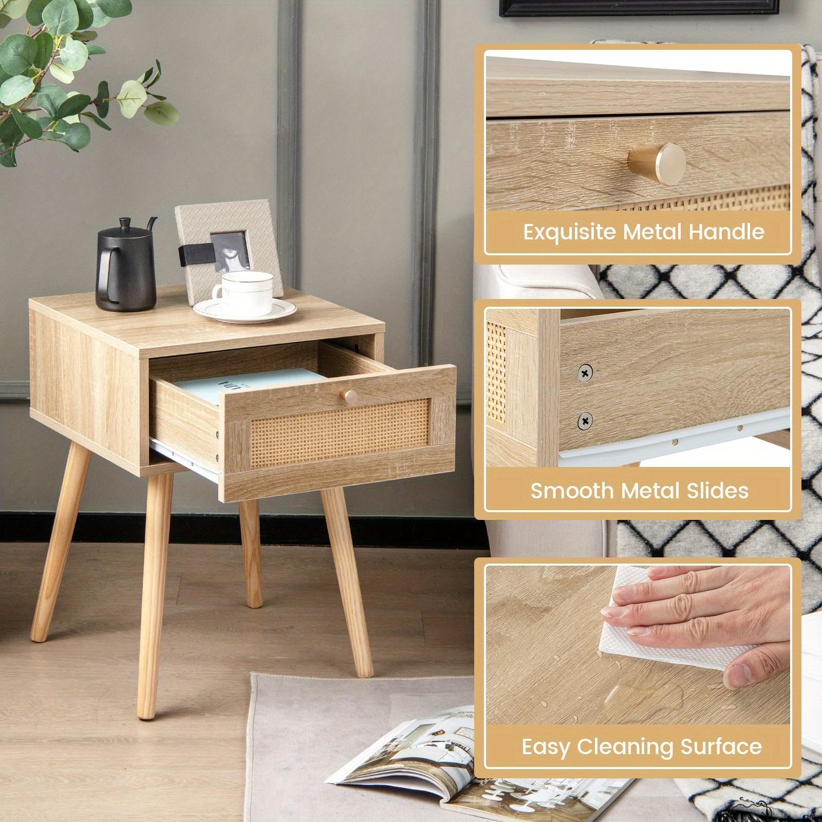 COSTWAY Nightstand Bedside Sofa Table with Rattan Drawer for Bedroom & Living Room