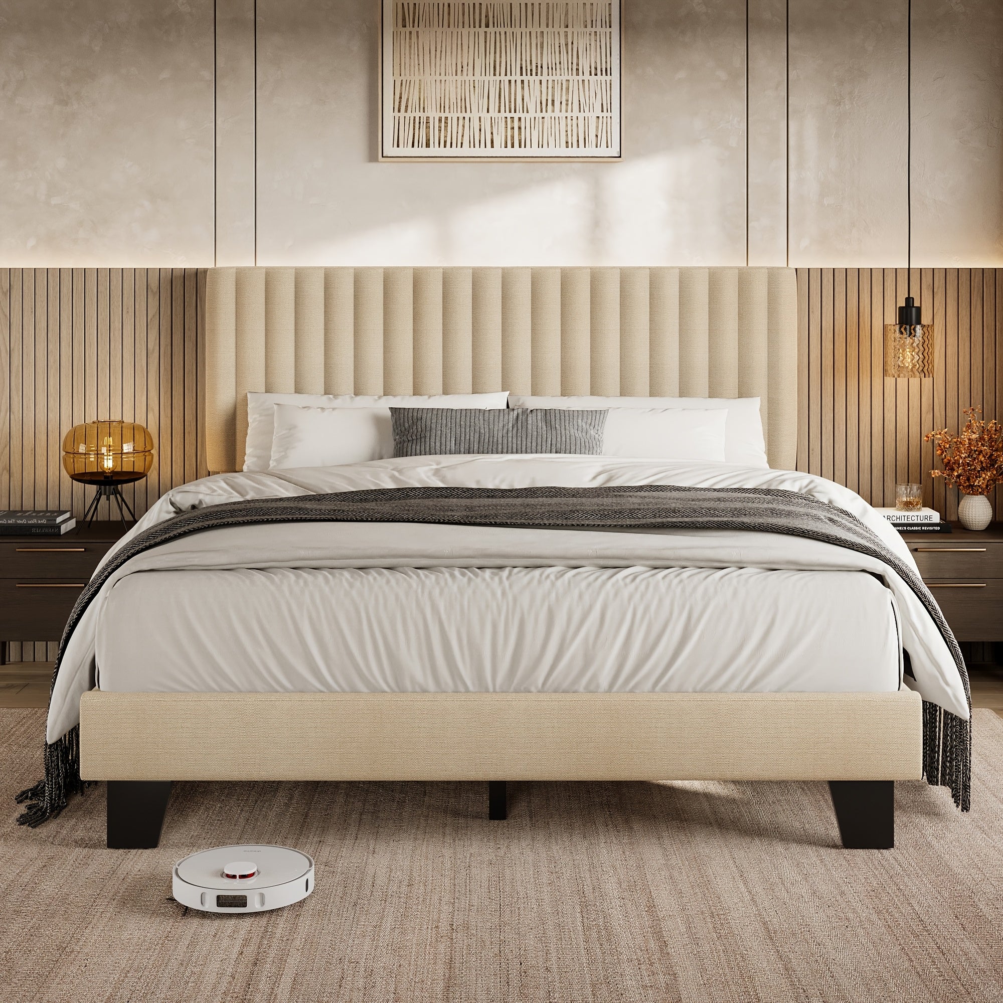 Elegant Modern Bed Frame with Vertical Striped Headboard Design, Platform Bed with Vertical Linen Or Velvet Headboard, Wide Bed Legs And Strong Wood Slats Support, Easy Assembly, Bed Frame Without Mattress