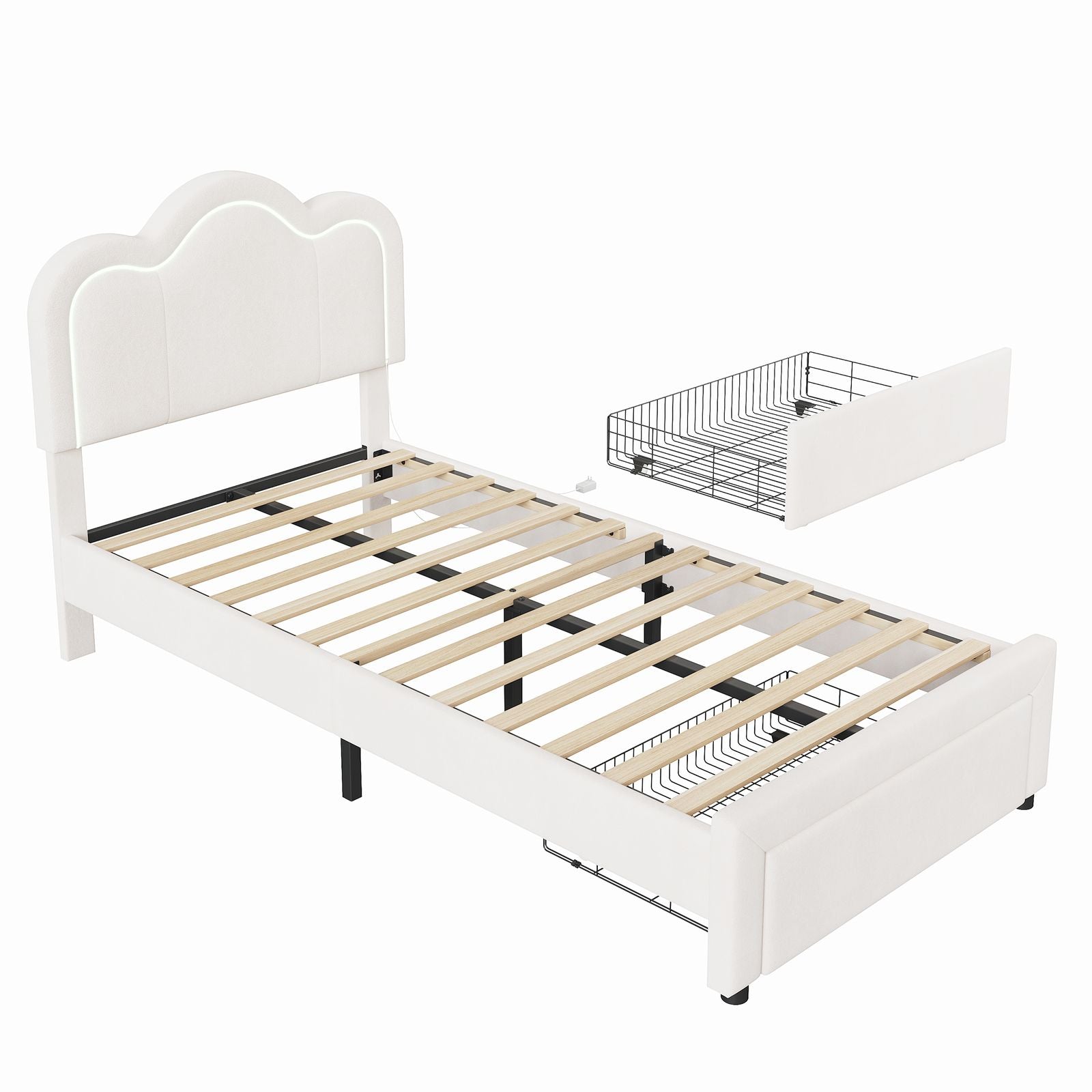 Twin Bed Frame with Storage Drawer & Adjustable Upholstered Headboard - Soft-Close Metal Platform Bed, No Box Spring Needed, Easy Assembly Modern Queen-like Style for \u002Fs (Single Bed) - Space-Saving Bed Frame
