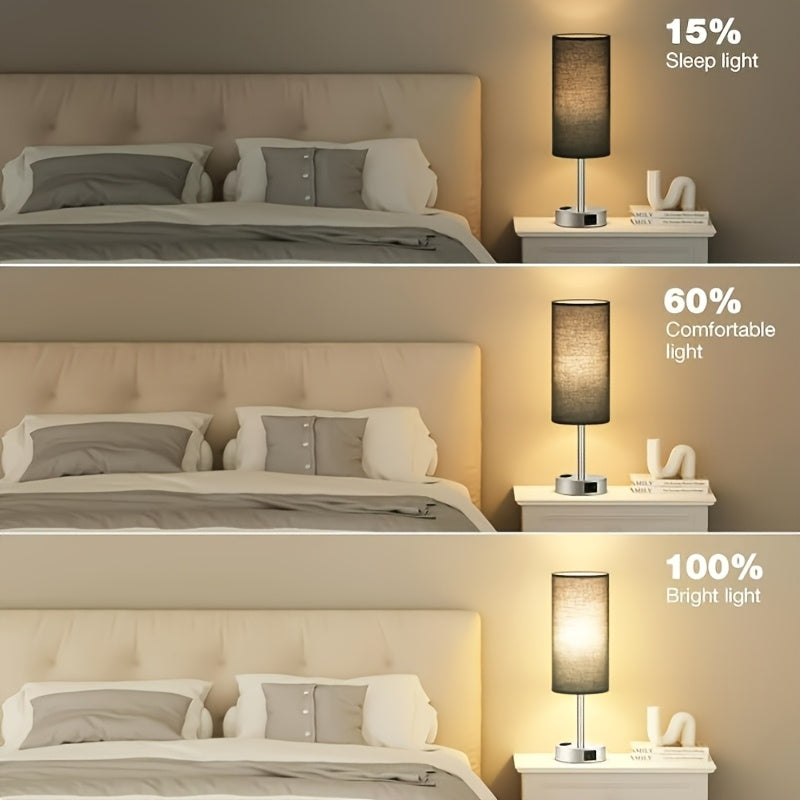 1\u002F2pcs Bedside Table Lamp For Bedroom - 3 Way Dimmable Touch Lamp USB C Charging Ports, Small Lamp Wood Base Round Shade For Living Room, Desk, A19 LED Bulb Included