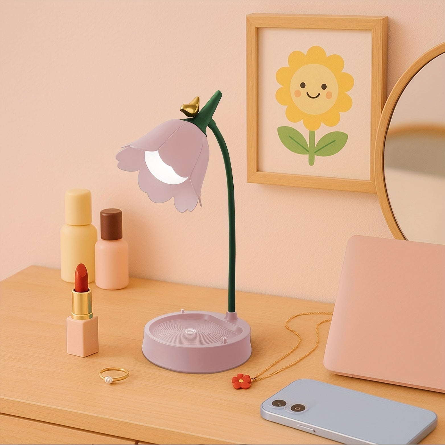 Stylish Floral Bird LED Desk Lamp | USB Rechargeable + 3-Color Stepless Dimming | Smart Touch Sensor Bedroom Decor Night Light for Reading & Study