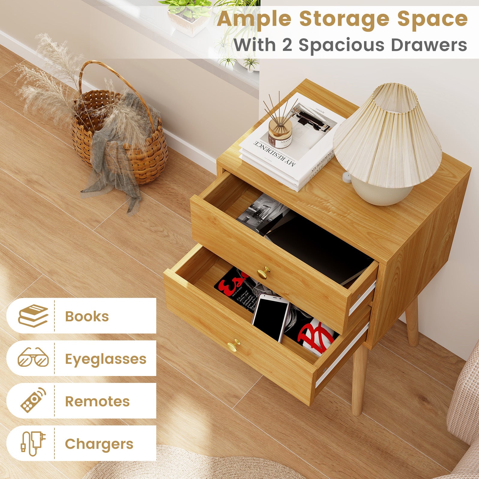 COSTWAY 2-Drawer Nightstand with Anti-Tipping System & Solid Wood Legs, Mid-Century Modern Bedside Table, 140 Weight Capacity Bedside Cabinet, Space-Saving End Table for Small Spaces, \u002FPet, Easy Assembly ( Wood)