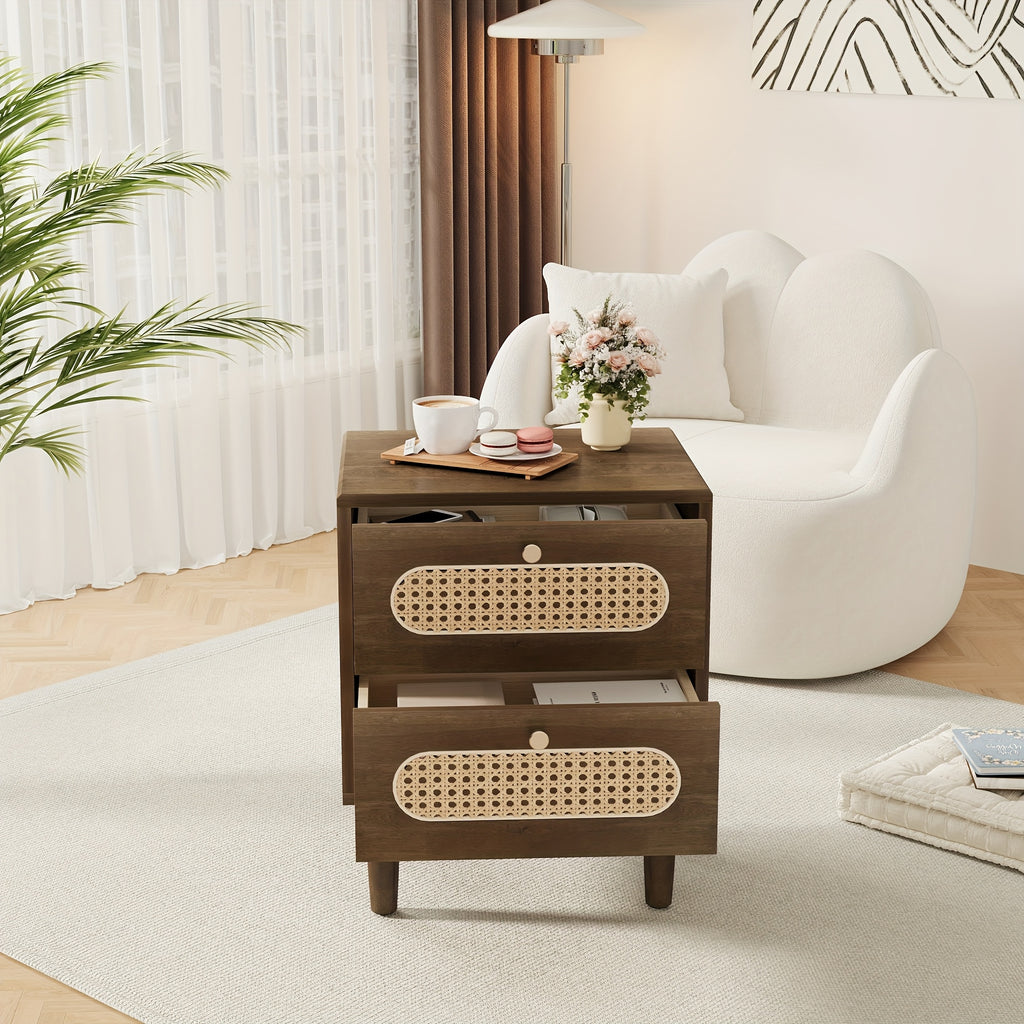 Rattan Nightstand, Solid Oak Wood Nightstand, Boho End Table with 2 Drawer, Bedside Tables Night Stands for Bedrooms, Side Tables for Home