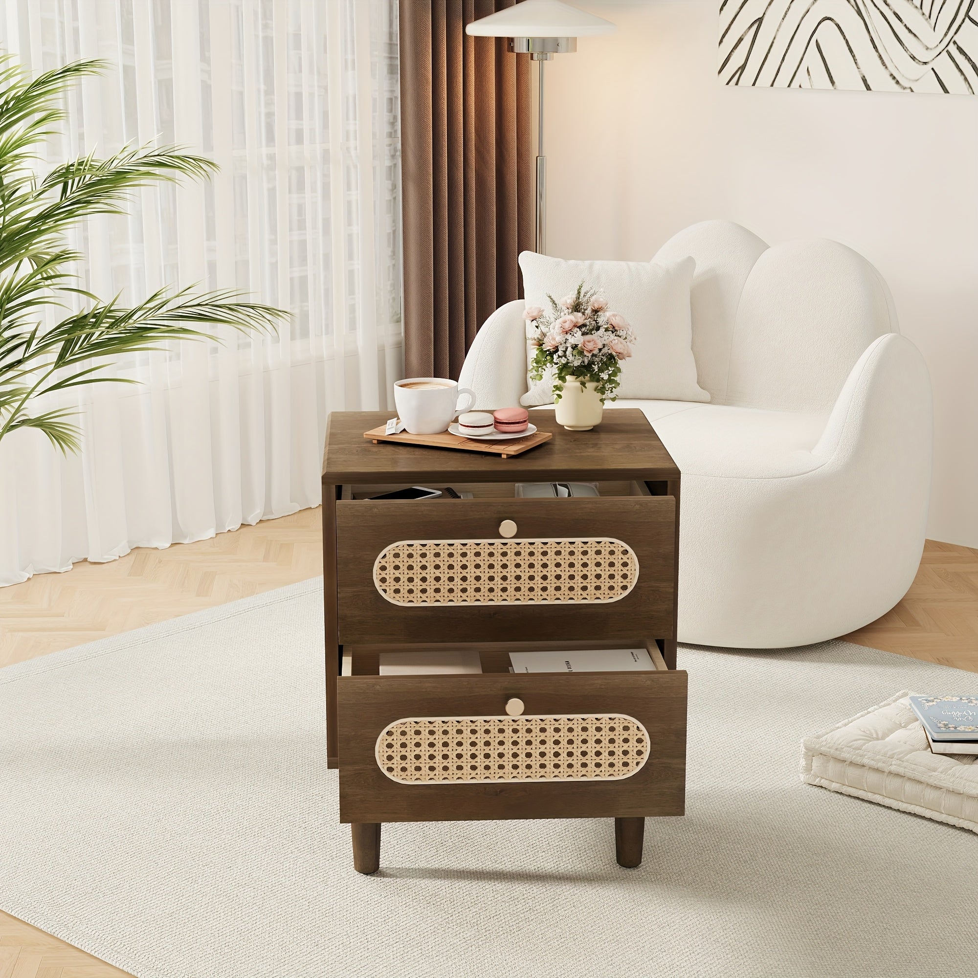 Rattan Nightstand, Solid Oak Wood Nightstand, Boho End Table with 2 Drawer, Bedside Tables Night Stands for Bedrooms, Side Tables for Home