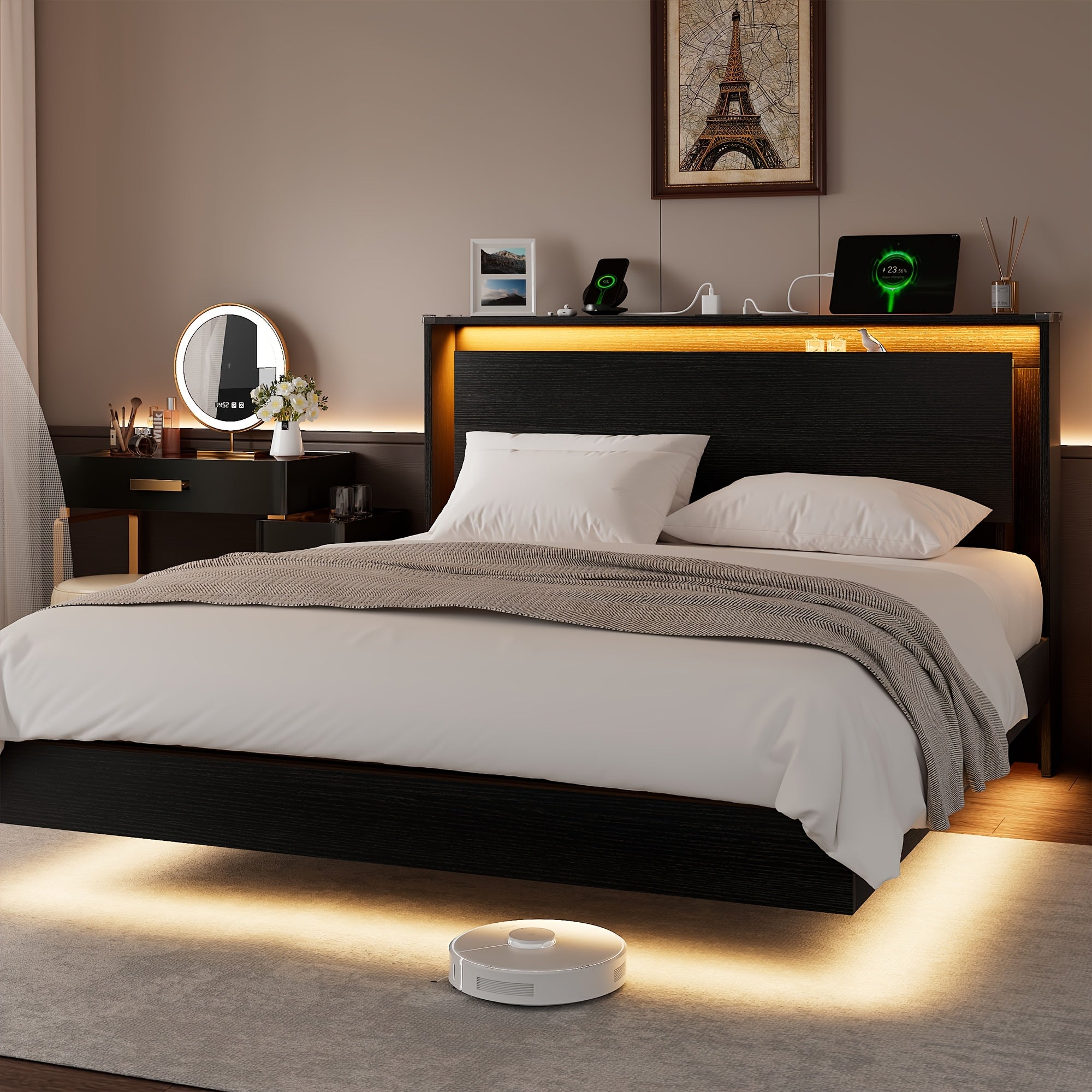 Floating Bed Frame with LED Lights & Charging Station, Heavy Duty Metal Support Frame, Easy Assembly