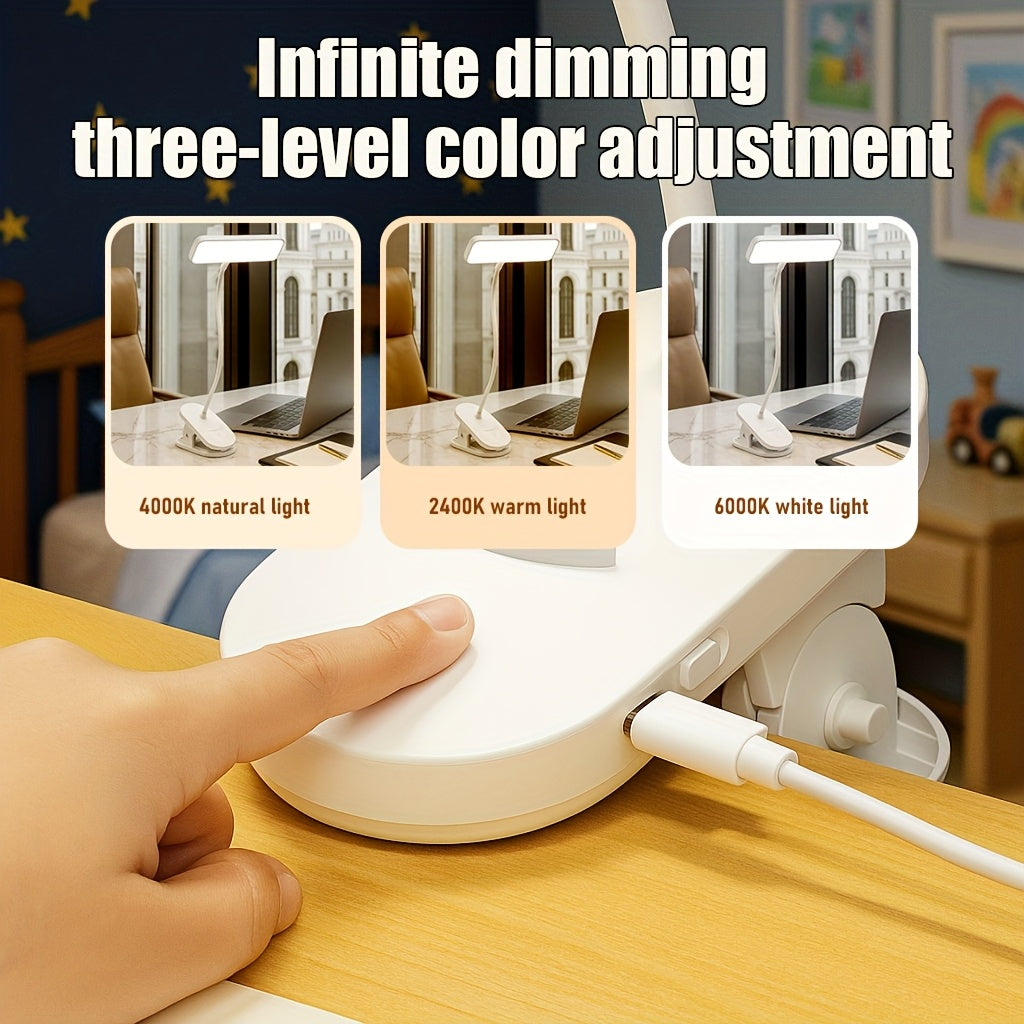 Adjustable Gooseneck Desk Lamp Featuring Three Color Options, with Three Brightness Settings, a Dimmable Night Light for Studying, a Reading Lamp, And a Lamp Head That Rotates 360 Degrees, Plus an LED Clip Night Light