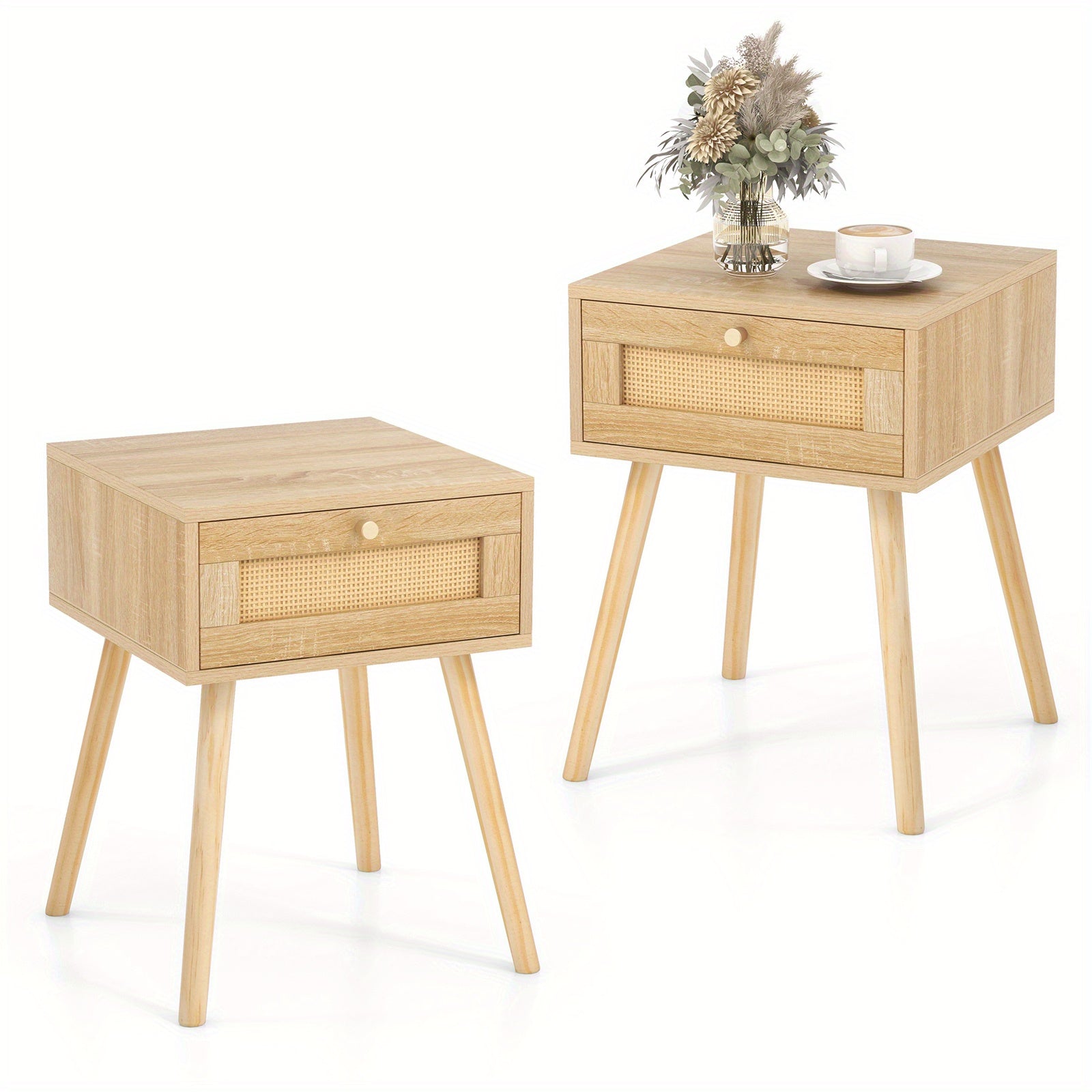 COSTWAY Nightstand Bedside Sofa Table with Rattan Drawer for Bedroom & Living Room